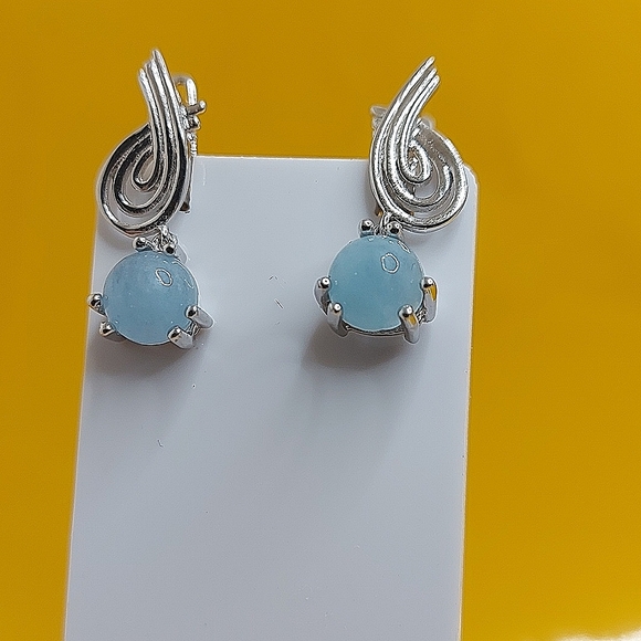 Natural Aquamarine 7mm 14K White Gold on 925 Sterling Silver Earrings - Picture 3 of 6